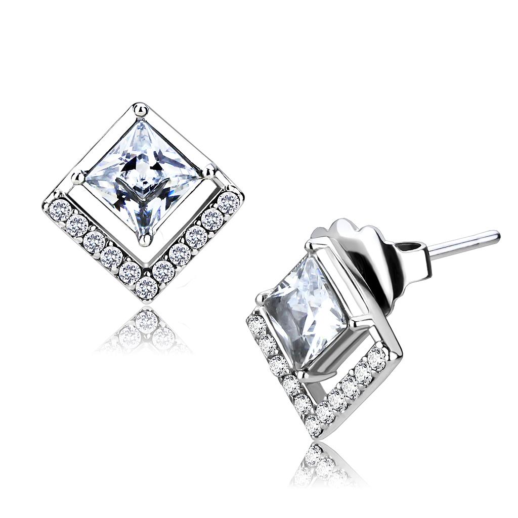 MADA071 - High polished (no plating) Stainless Steel Earrings with AAA Grade CZ  in Clear
