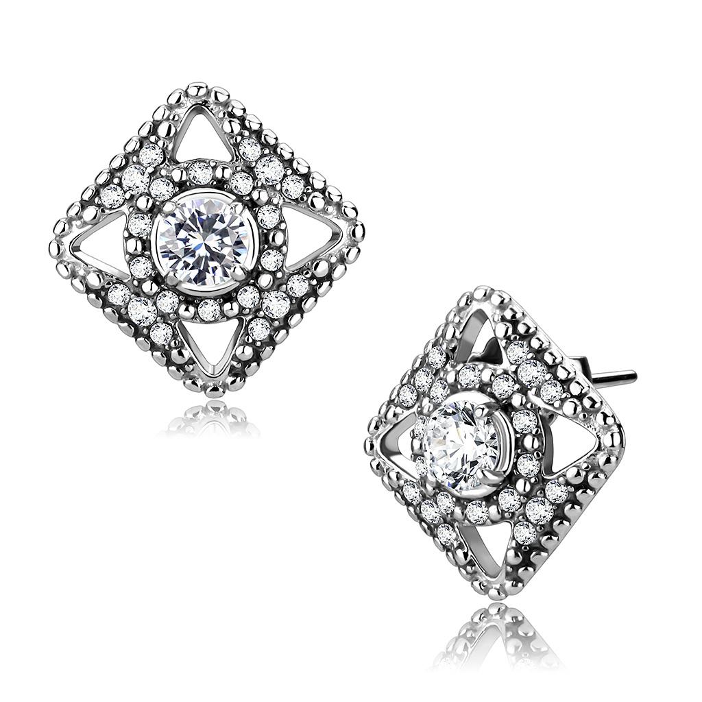 MADA072 - High polished (no plating) Stainless Steel Earrings with AAA Grade CZ  in Clear