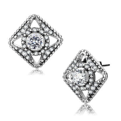MADA072 - High polished (no plating) Stainless Steel Earrings with AAA Grade CZ  in Clear