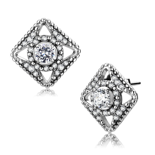 MADA072 - High polished (no plating) Stainless Steel Earrings with AAA Grade CZ  in Clear