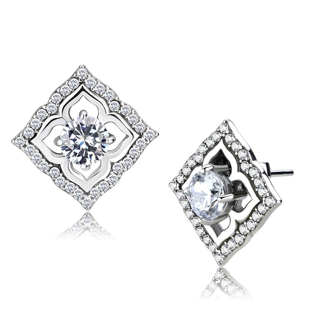 MADA073 - High polished (no plating) Stainless Steel Earrings with AAA Grade CZ  in Clear