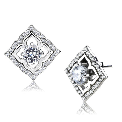 MADA073 - High polished (no plating) Stainless Steel Earrings with AAA Grade CZ  in Clear