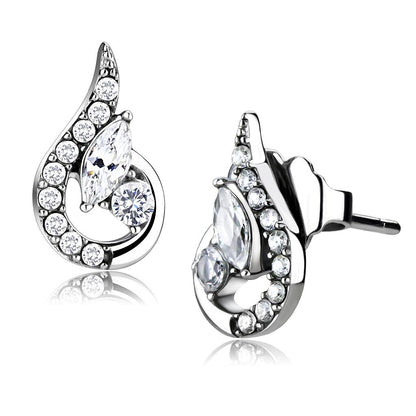 MADA074 - High polished (no plating) Stainless Steel Earrings with AAA Grade CZ  in Clear