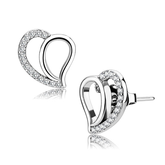 MADA076 - High polished (no plating) Stainless Steel Earrings with AAA Grade CZ  in Clear