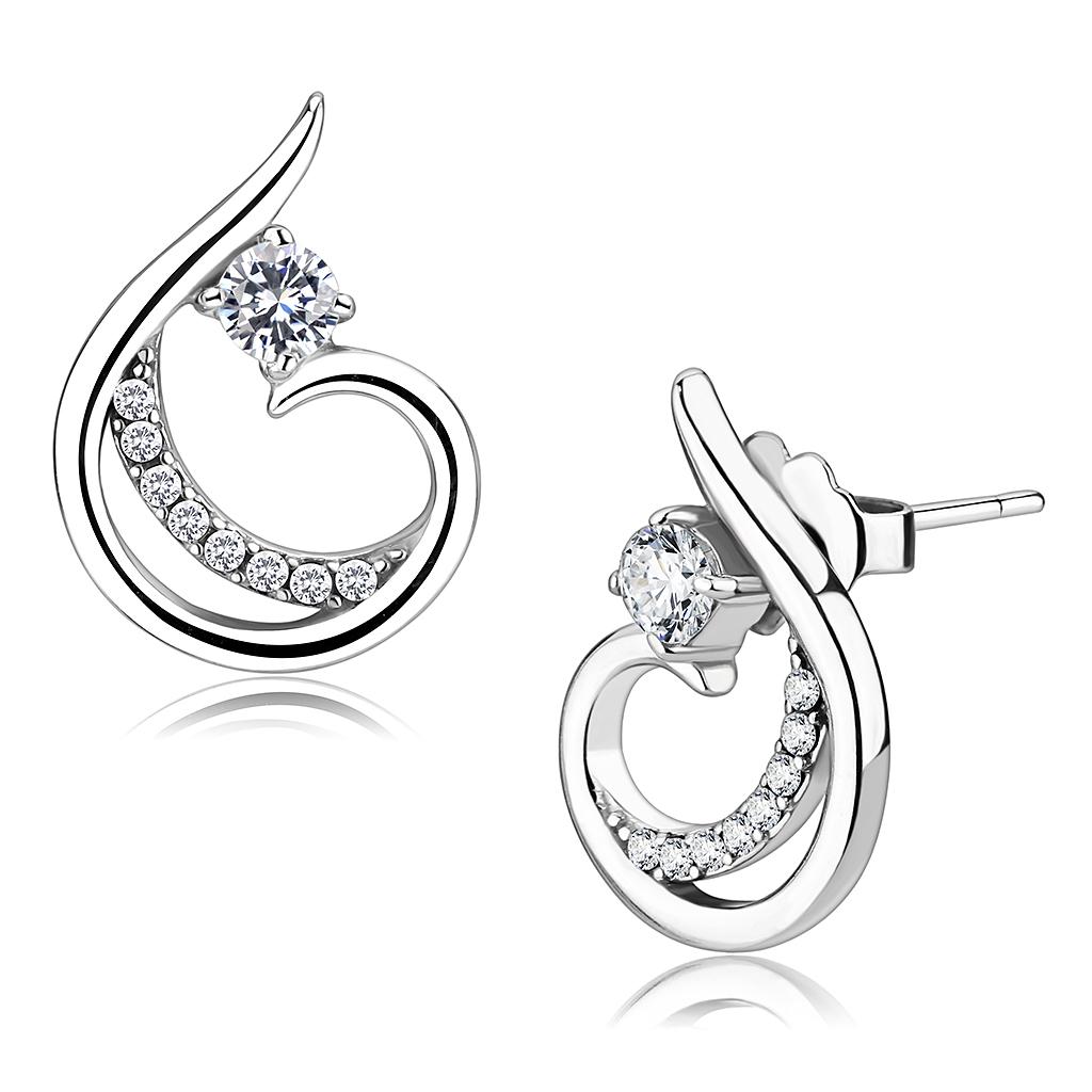 MADA077 - High polished (no plating) Stainless Steel Earrings with AAA Grade CZ  in Clear