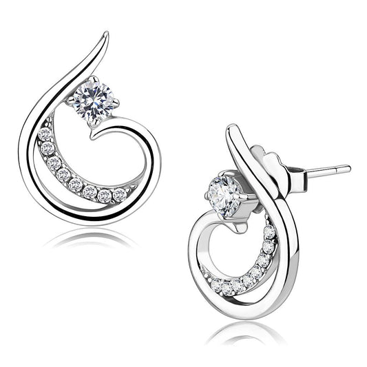 MADA077 - High polished (no plating) Stainless Steel Earrings with AAA Grade CZ  in Clear