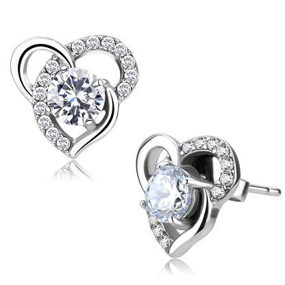 MADA078 - High polished (no plating) Stainless Steel Earrings with AAA Grade CZ  in Clear