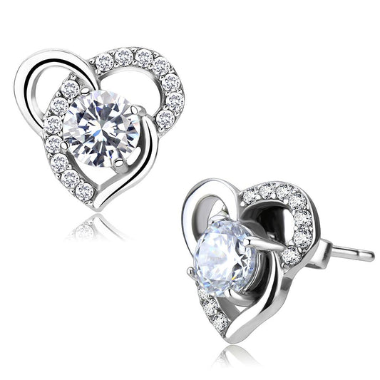 MADA078 - High polished (no plating) Stainless Steel Earrings with AAA Grade CZ  in Clear