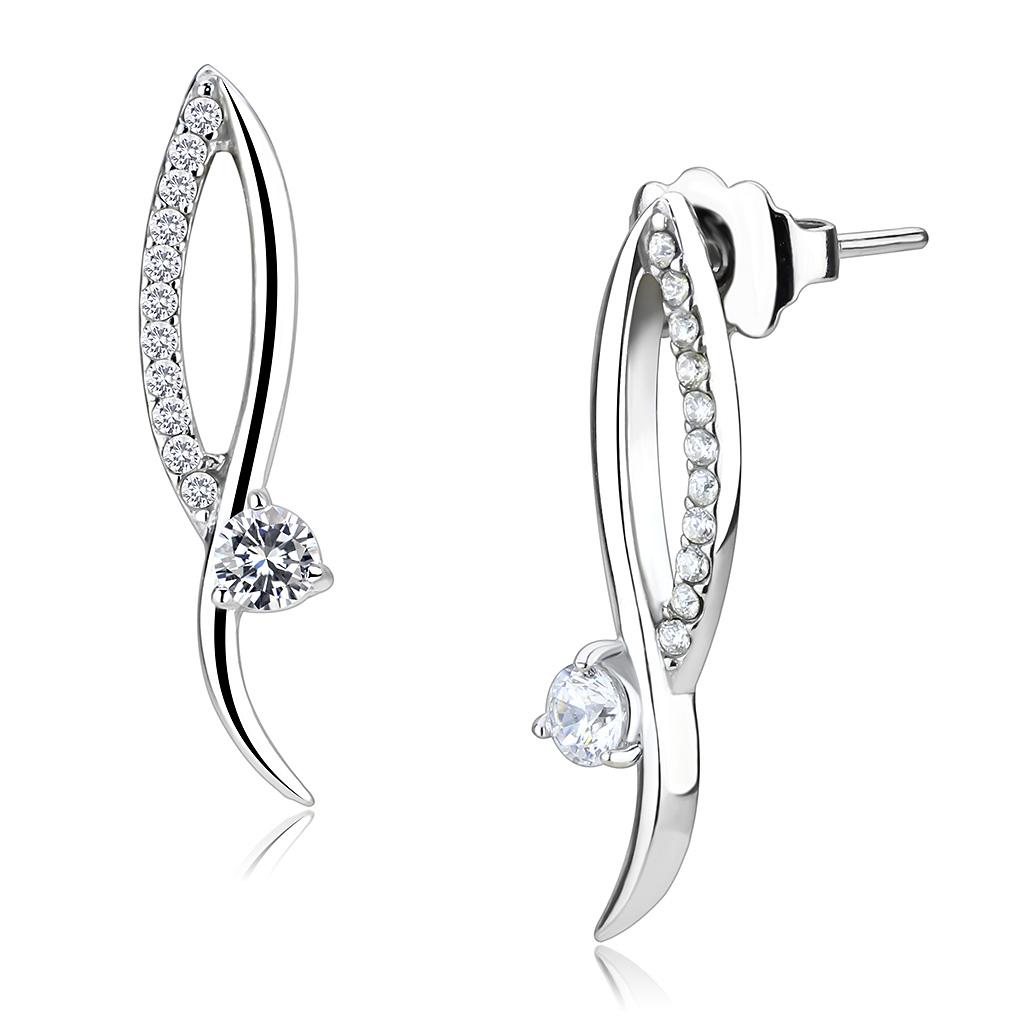 MADA080 - High polished (no plating) Stainless Steel Earrings with AAA Grade CZ  in Clear