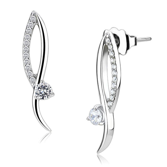 MADA080 - High polished (no plating) Stainless Steel Earrings with AAA Grade CZ  in Clear