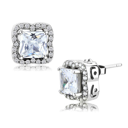 MADA081 - High polished (no plating) Stainless Steel Earrings with AAA Grade CZ  in Clear