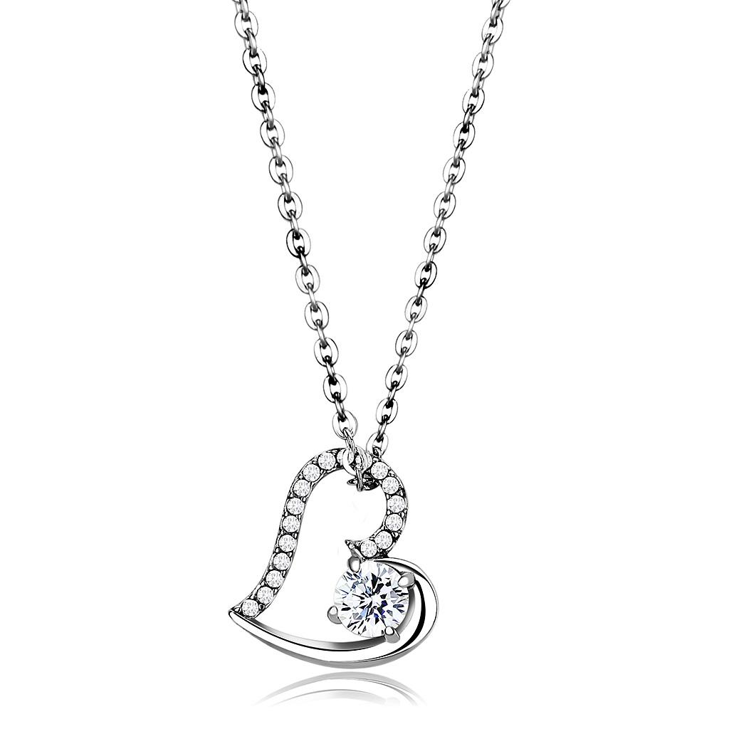 MADA084 - High polished (no plating) Stainless Steel Chain Pendant with AAA Grade CZ  in Clear