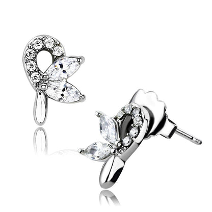 MADA087 - High polished (no plating) Stainless Steel Earrings with AAA Grade CZ  in Clear