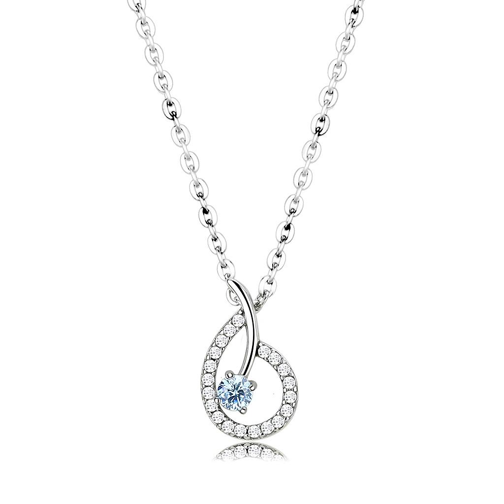 MADA090 - High polished (no plating) Stainless Steel Chain Pendant with AAA Grade CZ  in Sea Blue