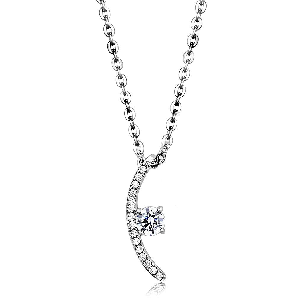 MADA092 - High polished (no plating) Stainless Steel Chain Pendant with AAA Grade CZ  in Clear