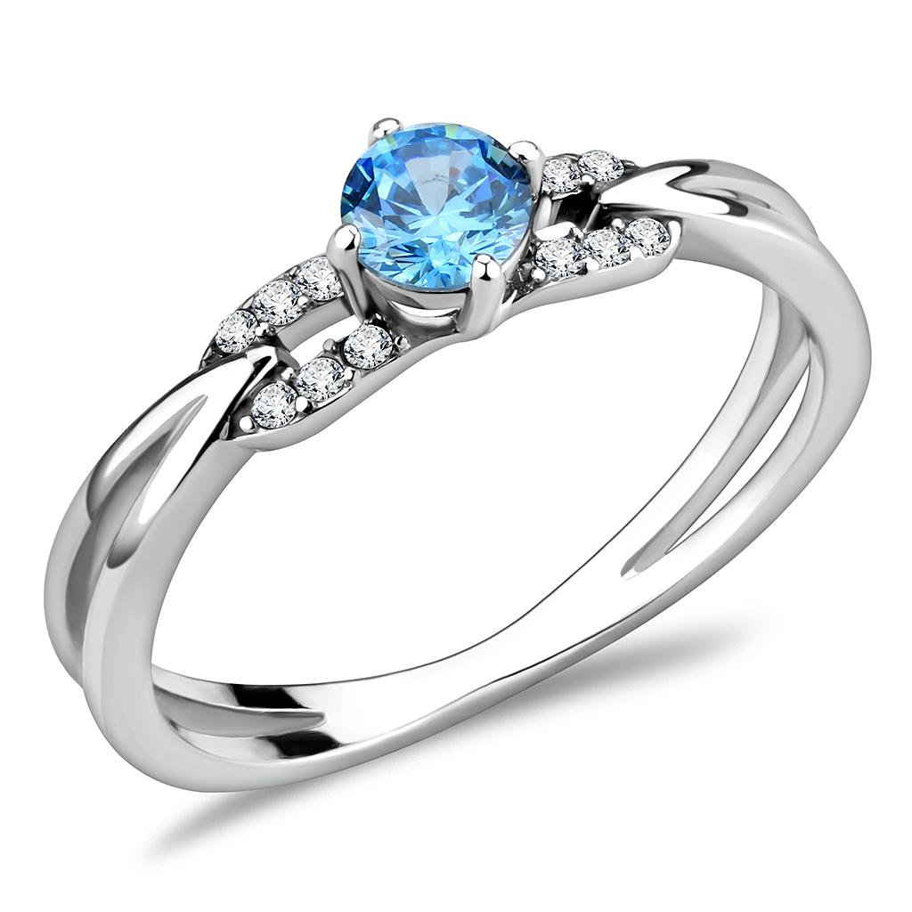 MADA116 - High polished (no plating) Stainless Steel Ring with AAA Grade CZ  in Sea Blue