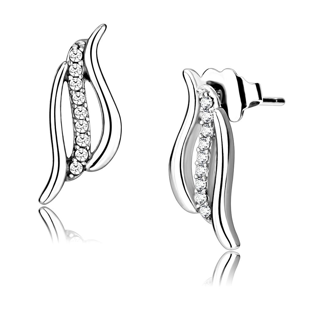 MADA175 - High polished (no plating) Stainless Steel Earrings with AAA Grade CZ  in Clear