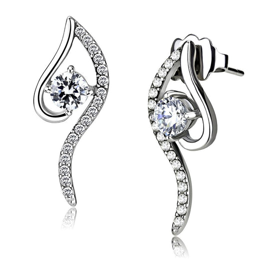 MADA177 - High polished (no plating) Stainless Steel Earrings with AAA Grade CZ  in Clear
