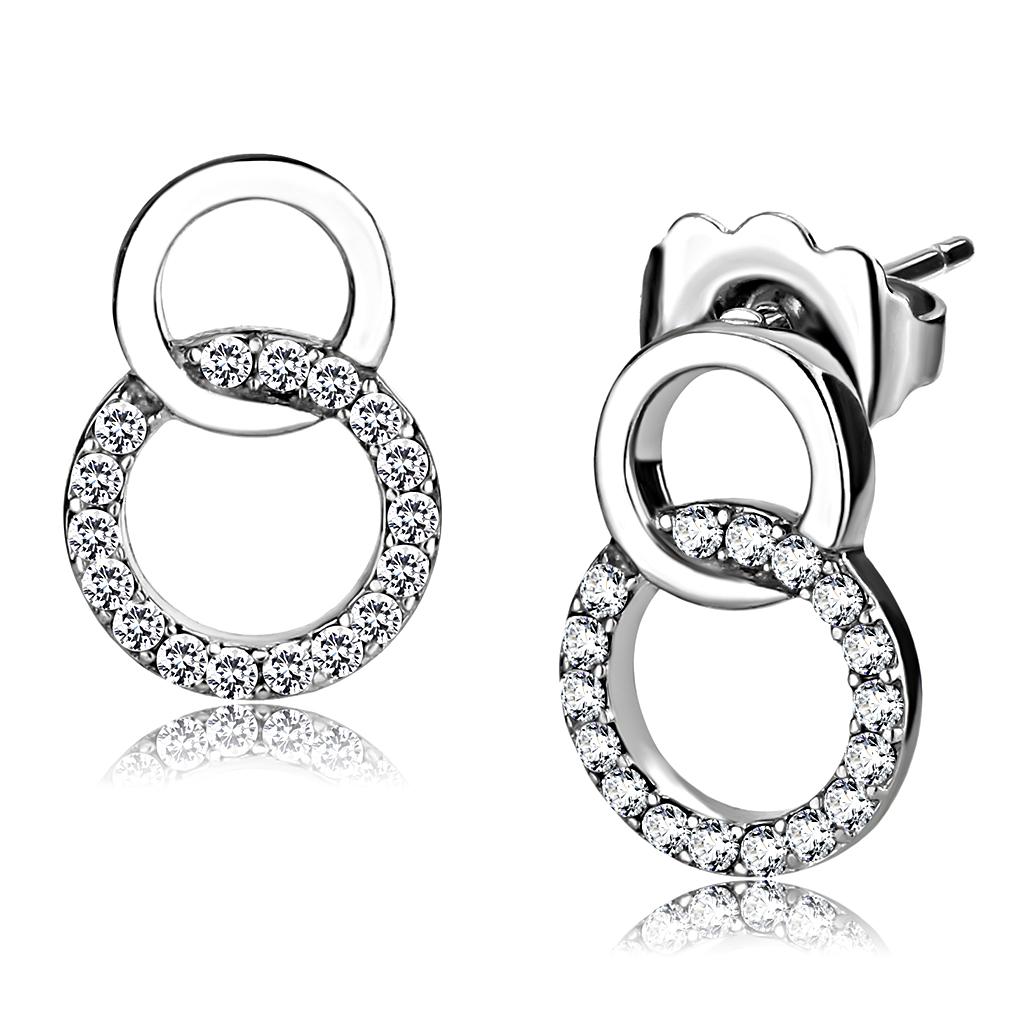 MADA179 - High polished (no plating) Stainless Steel Earrings with AAA Grade CZ  in Clear
