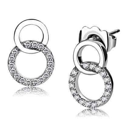 MADA179 - High polished (no plating) Stainless Steel Earrings with AAA Grade CZ  in Clear