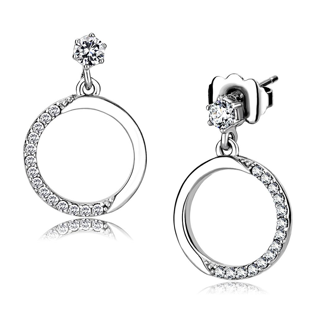 MADA180 - High polished (no plating) Stainless Steel Earrings with AAA Grade CZ  in Clear