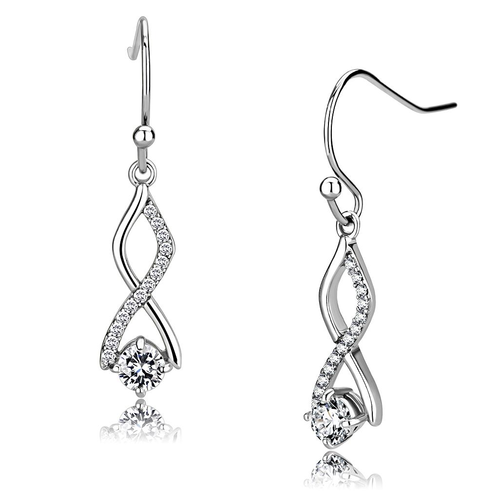 MADA181 - High polished (no plating) Stainless Steel Earrings with AAA Grade CZ  in Clear