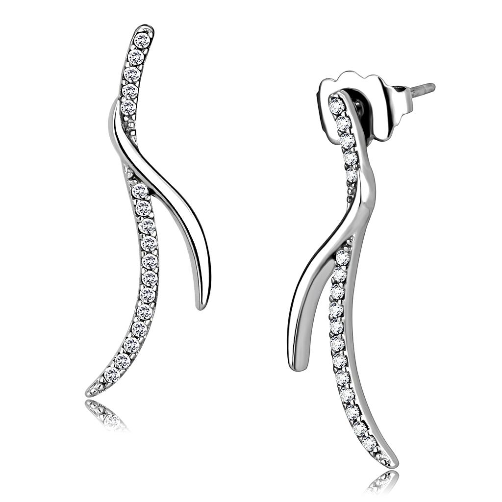 MADA183 - High polished (no plating) Stainless Steel Earrings with AAA Grade CZ  in Clear