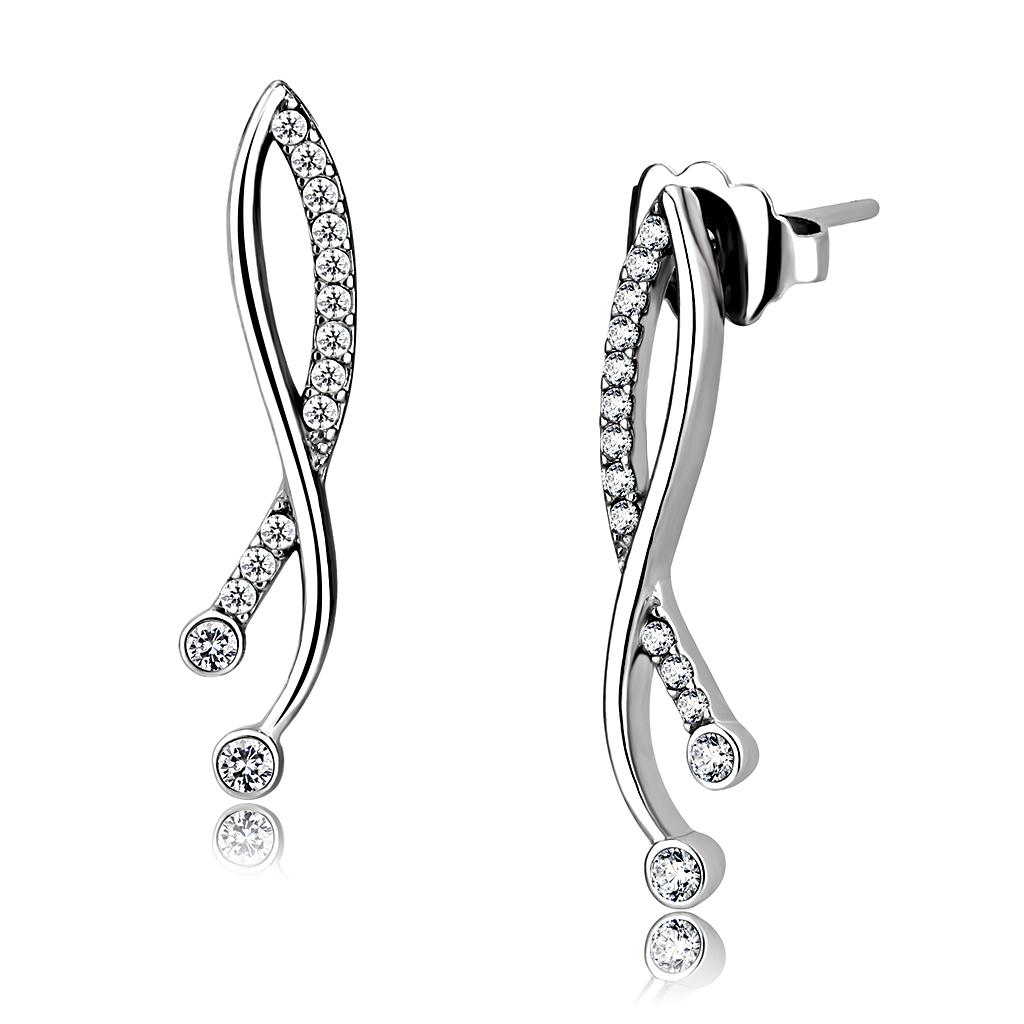 MADA184 - High polished (no plating) Stainless Steel Earrings with AAA Grade CZ  in Clear