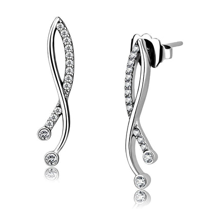 MADA184 - High polished (no plating) Stainless Steel Earrings with AAA Grade CZ  in Clear