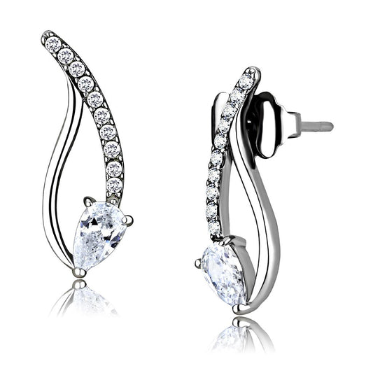 MADA185 - High polished (no plating) Stainless Steel Earrings with AAA Grade CZ  in Clear
