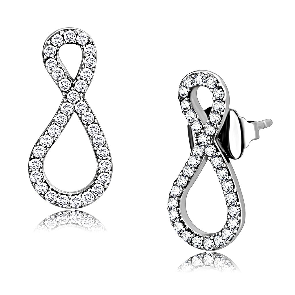 MADA186 - High polished (no plating) Stainless Steel Earrings with AAA Grade CZ  in Clear