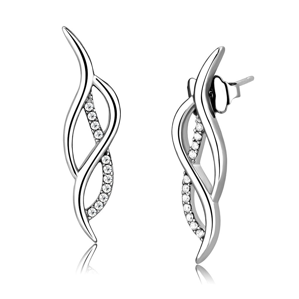 MADA187 - High polished (no plating) Stainless Steel Earrings with AAA Grade CZ  in Clear