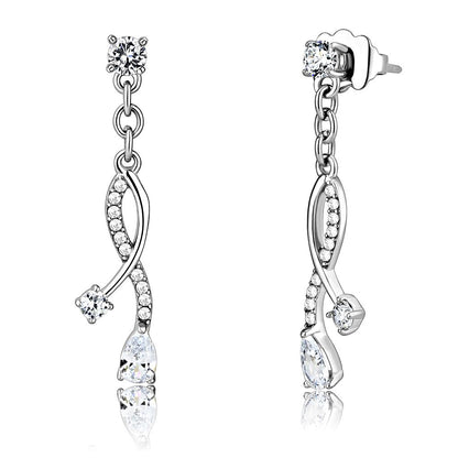 MADA190 - High polished (no plating) Stainless Steel Earrings with AAA Grade CZ  in Clear