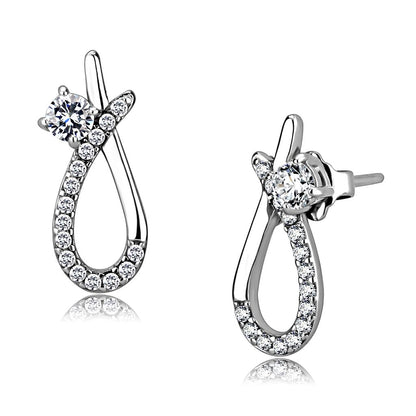 MADA196 - High polished (no plating) Stainless Steel Earrings with AAA Grade CZ  in Clear