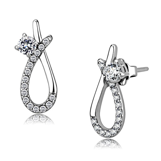 MADA196 - High polished (no plating) Stainless Steel Earrings with AAA Grade CZ  in Clear