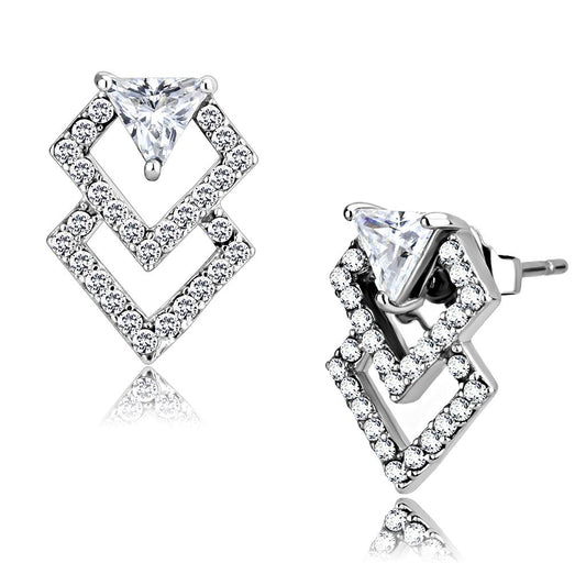 MADA198 - High polished (no plating) Stainless Steel Earrings with AAA Grade CZ  in Clear