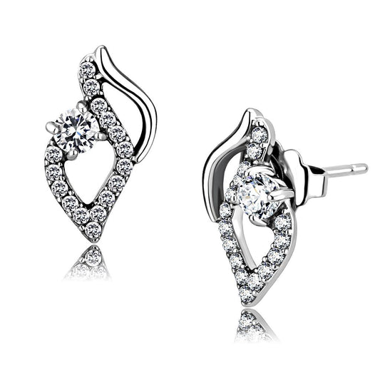 MADA199 - High polished (no plating) Stainless Steel Earrings with AAA Grade CZ  in Clear