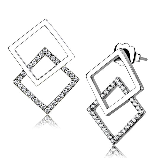 MADA201 - High polished (no plating) Stainless Steel Earrings with AAA Grade CZ  in Clear