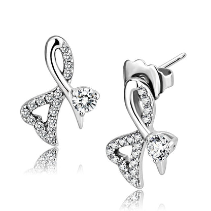 MADA204 - High polished (no plating) Stainless Steel Earrings with AAA Grade CZ  in Clear