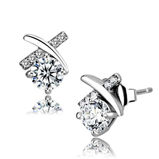 MADA205 - High polished (no plating) Stainless Steel Earrings with AAA Grade CZ  in Clear