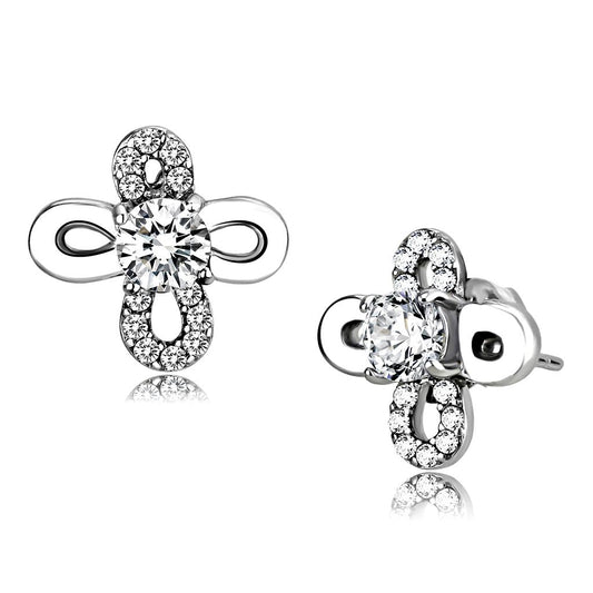 MADA206 - High polished (no plating) Stainless Steel Earrings with AAA Grade CZ  in Clear