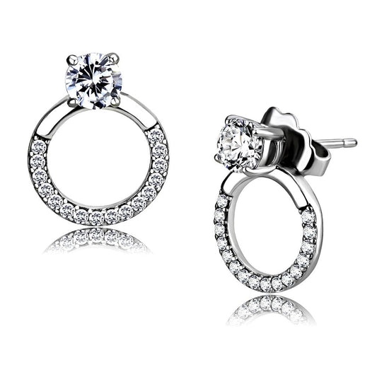 MADA208 - High polished (no plating) Stainless Steel Earrings with AAA Grade CZ  in Clear