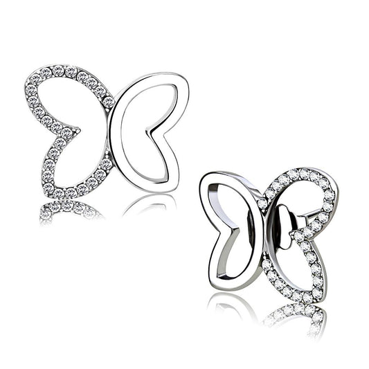 MADA209 - High polished (no plating) Stainless Steel Earrings with AAA Grade CZ  in Clear