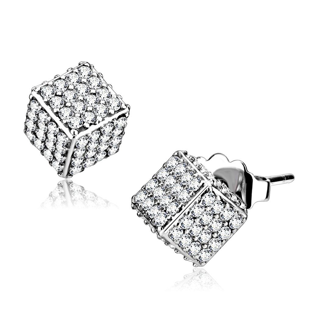 MADA213 - High polished (no plating) Stainless Steel Earrings with AAA Grade CZ  in Clear