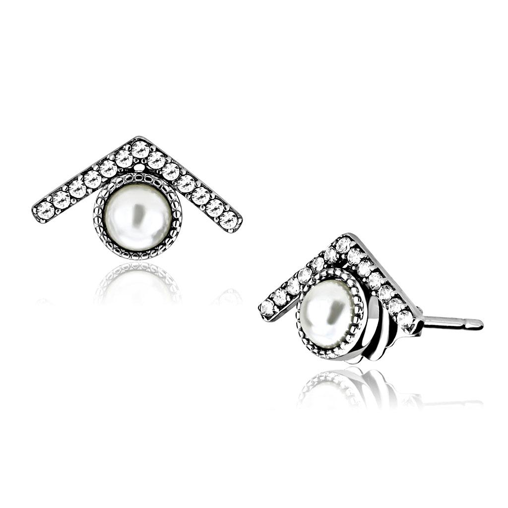 MADA216 - High polished (no plating) Stainless Steel Earrings with Synthetic Pearl in White