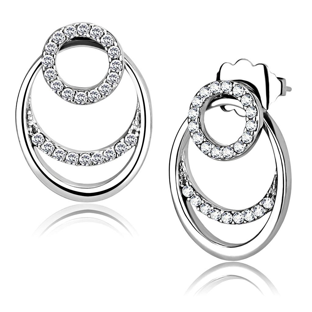 MADA219 - High polished (no plating) Stainless Steel Earrings with AAA Grade CZ  in Clear