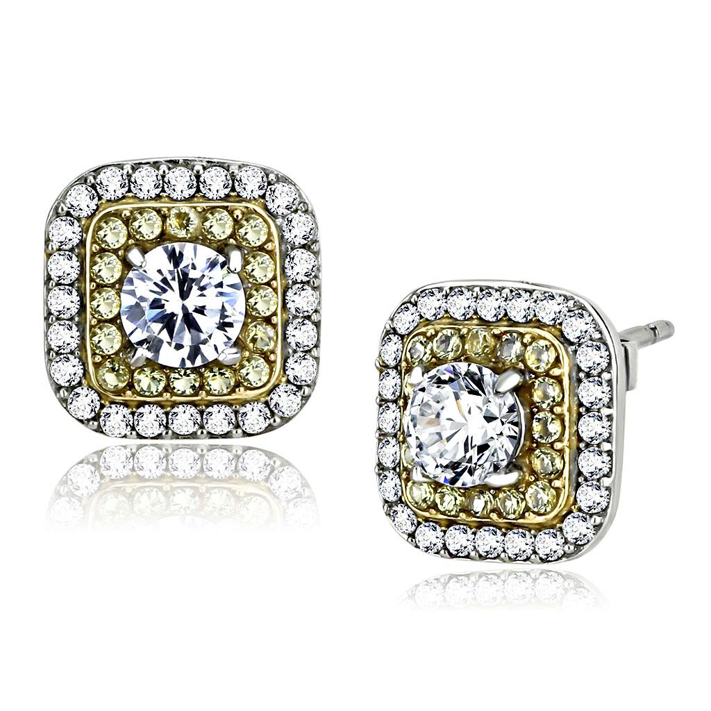 MADA220 - Two-Tone IP Gold (Ion Plating) Stainless Steel Earrings with AAA Grade CZ  in Clear