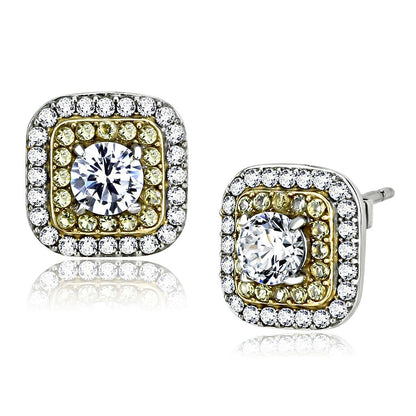MADA220 - Two-Tone IP Gold (Ion Plating) Stainless Steel Earrings with AAA Grade CZ  in Clear