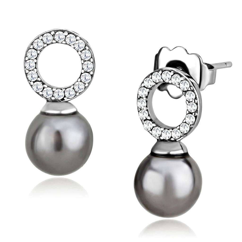 MADA221 - High polished (no plating) Stainless Steel Earrings with Synthetic Pearl in Gray