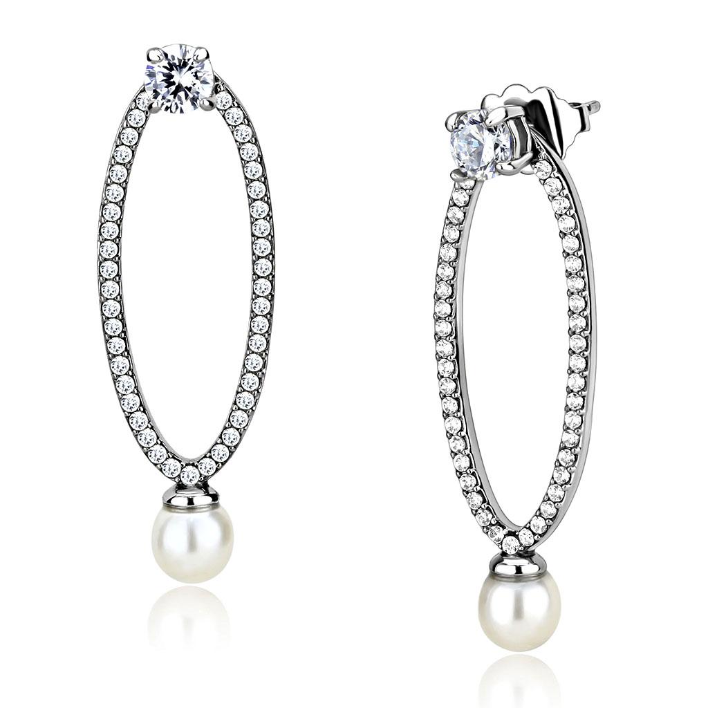 MADA223 - High polished (no plating) Stainless Steel Earrings with Synthetic Pearl in White